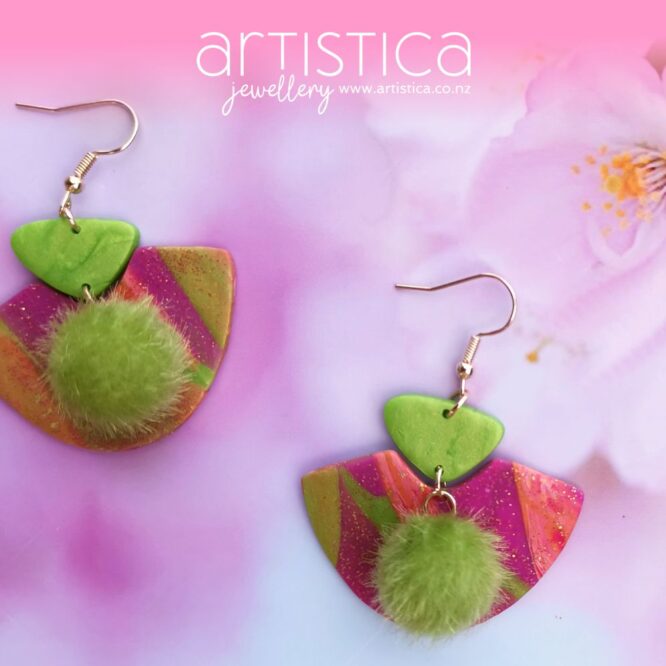 E0049a earrings artistica polymer clay pink purple green gold glitter pompom