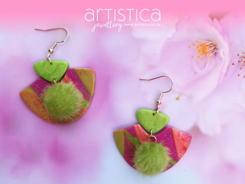 E0049a earrings artistica polymer clay pink purple green gold glitter pompom