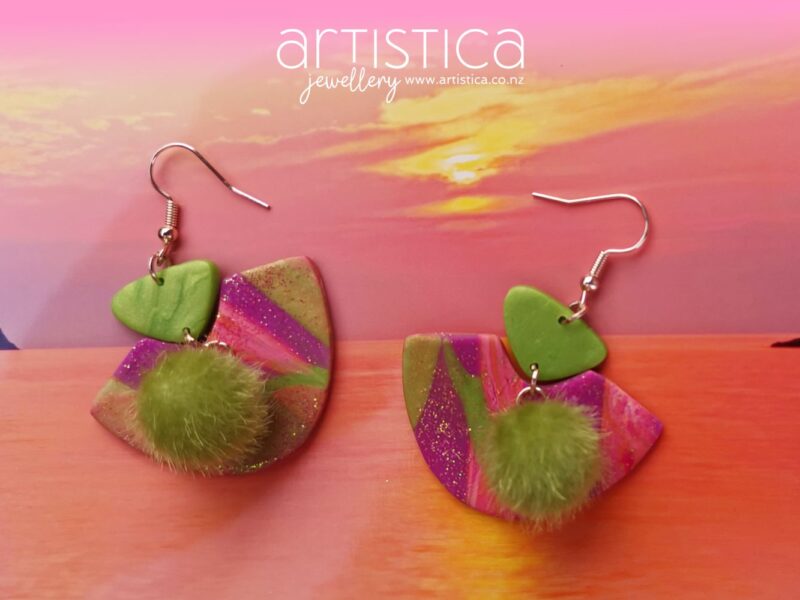 E0049a earrings artistica polymer clay pink purple green gold glitter pompom