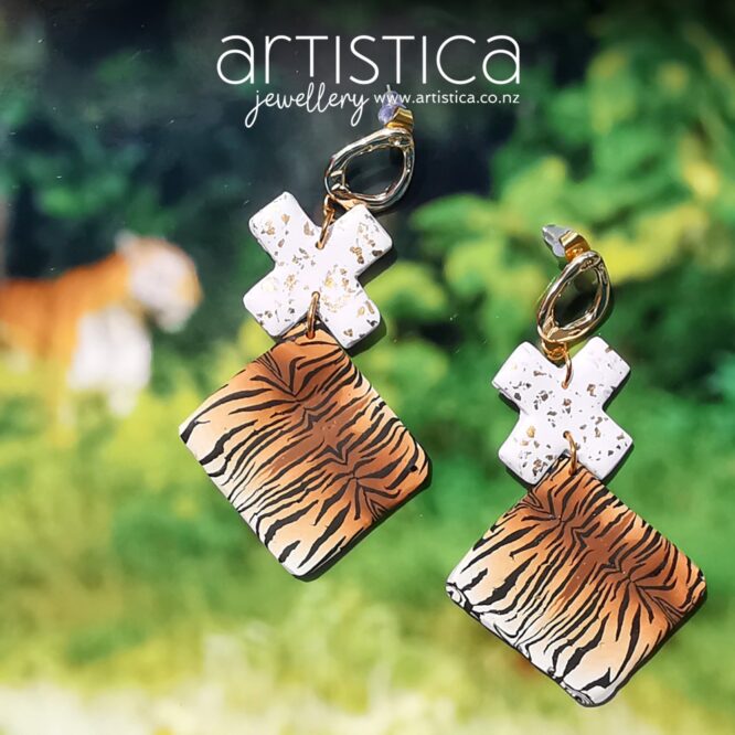 Tiger earrings polymer clay handcrafted by Artistica NZ