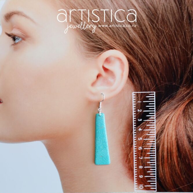 polymer clay earrings handcrafted in New Zealand by Artistica blue dangles extra long