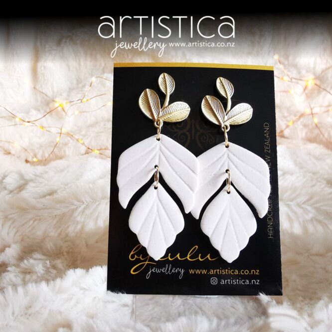 white earrings handcrafted with gold plated posts wedding