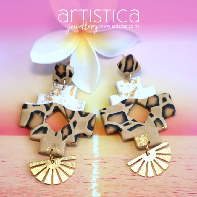 polymer clay earrings handcrafted in New Zealand by Artistica aztec tribal leopard