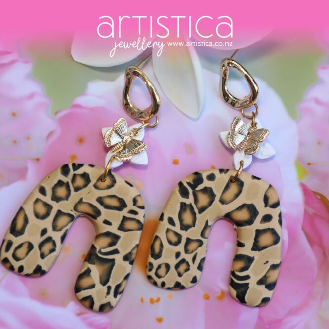 polymer clay earrings handcrafted in New Zealand by Artistica leopard dangles