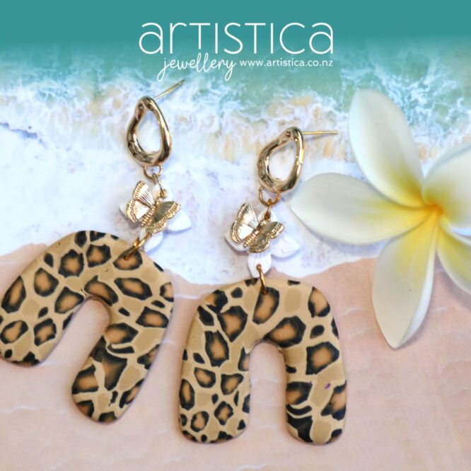 polymer clay earrings handcrafted in New Zealand by Artistica leopard arch