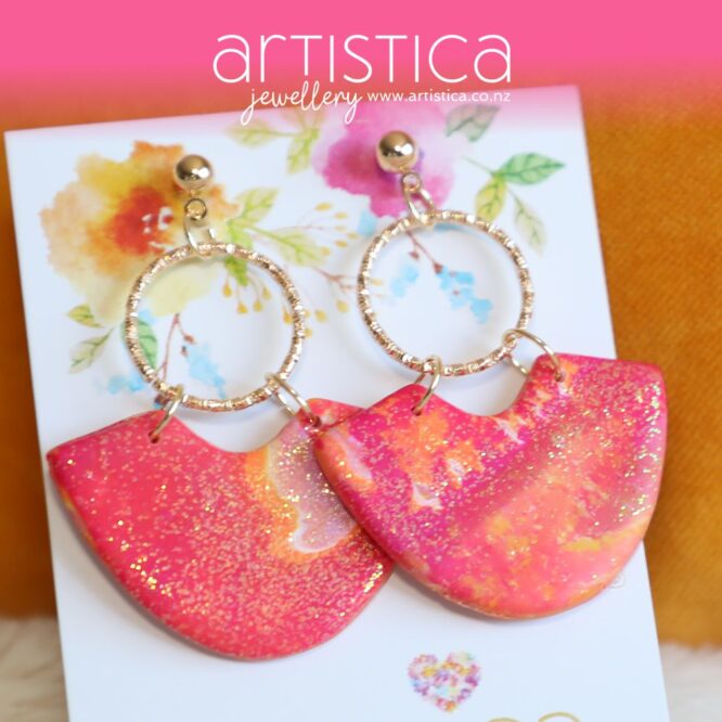 polymer clay earrings handcrafted in New Zealand by Artistica bright red orange pink