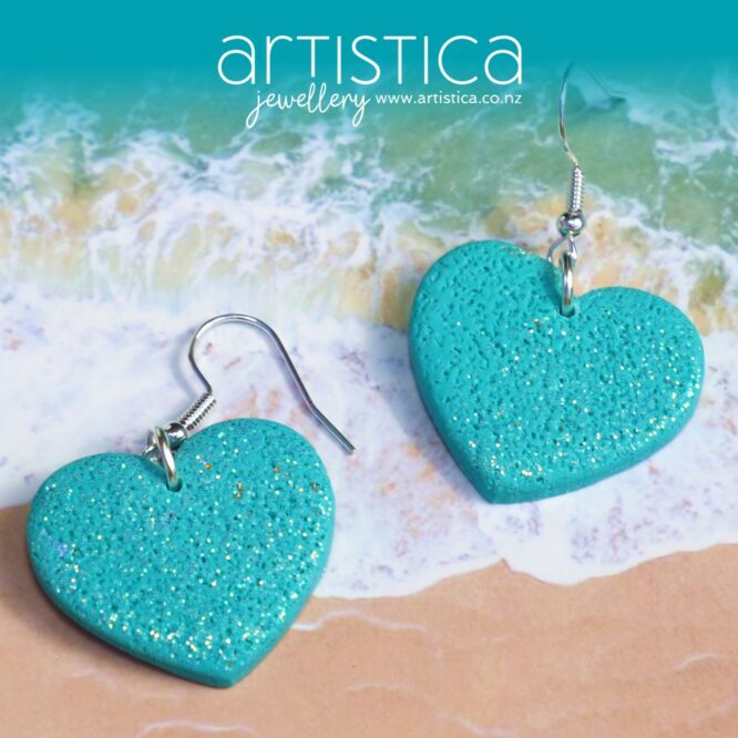 turquoise polymer clay earring heart shaped handcrafted in New Zealand by Artistica