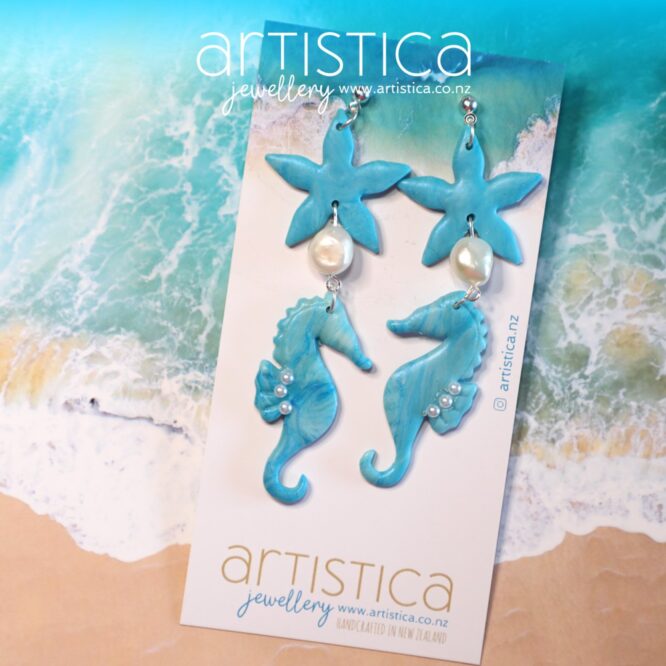 Seahorse earrings with pearls polymer clay handcrafted