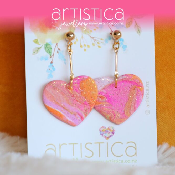 polymer clay earrings handcrafted in New Zealand by Artistica pink golden heart