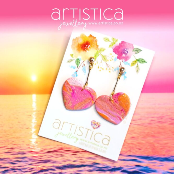 polymer clay earrings handcrafted in New Zealand by Artistica beautiful heart