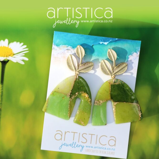 artistica polymer clay drop earrings green arch shaped emerald