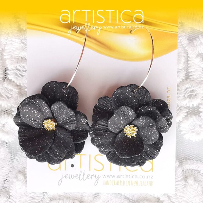 black flower hoops earrings